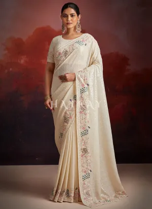 Ivory White Multi Embroidery Party Wear Saree