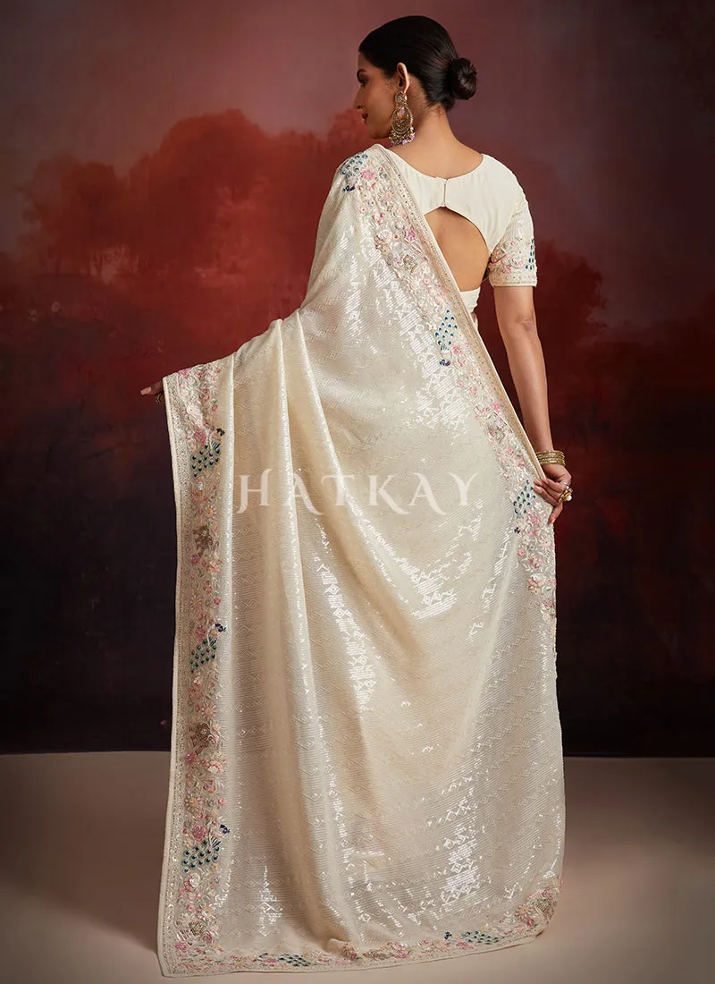 Ivory White Multi Embroidery Party Wear Saree