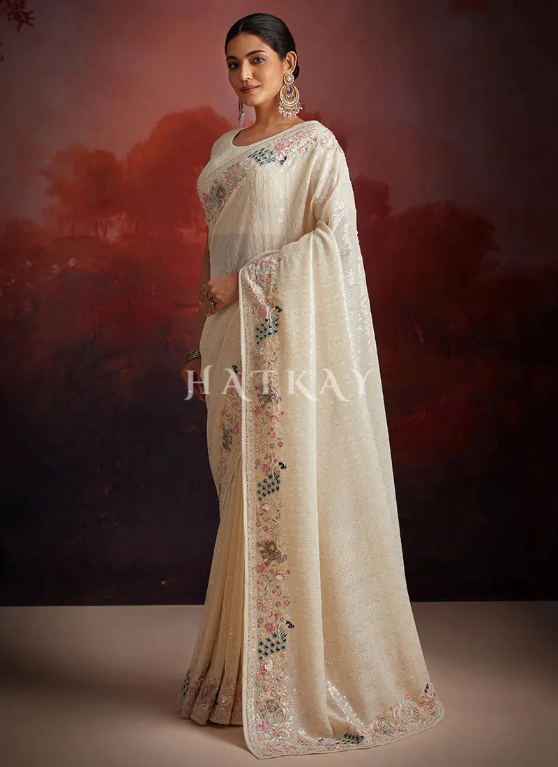 Ivory White Multi Embroidery Party Wear Saree