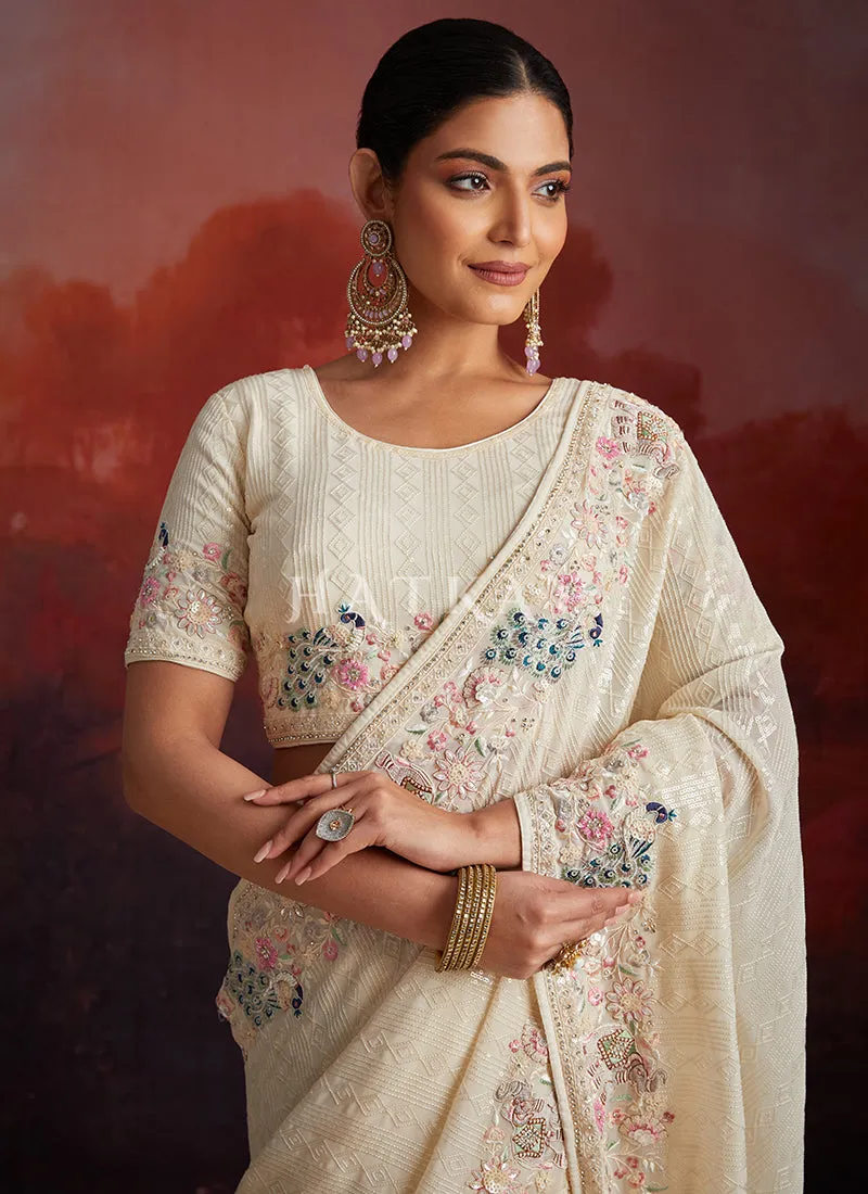 Ivory White Multi Embroidery Party Wear Saree