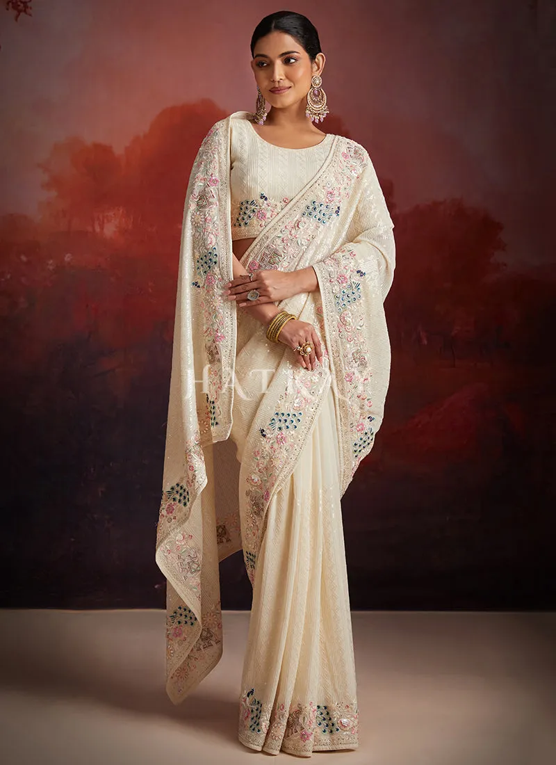 Ivory White Multi Embroidery Party Wear Saree