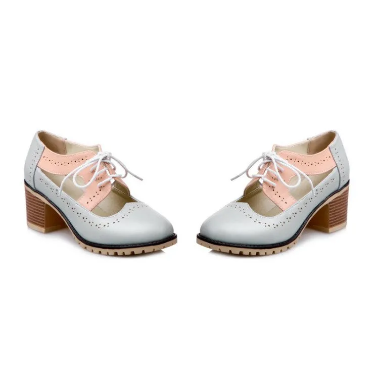 Lace Up Carving Chunky High Heel Shoes Woman 7429