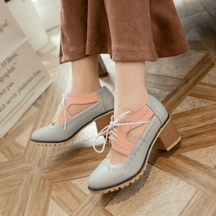 Lace Up Carving Chunky High Heel Shoes Woman 7429