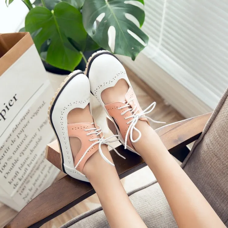Lace Up Carving Chunky High Heel Shoes Woman 7429