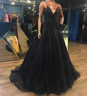 Latest Design V Neck Sparkly Long Black Prom/Evening Dress,Shiny Sequin Lace Prom Evening Gowns