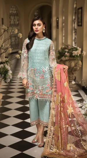 Latest embroidered organza dress in aqua blue color # P2260