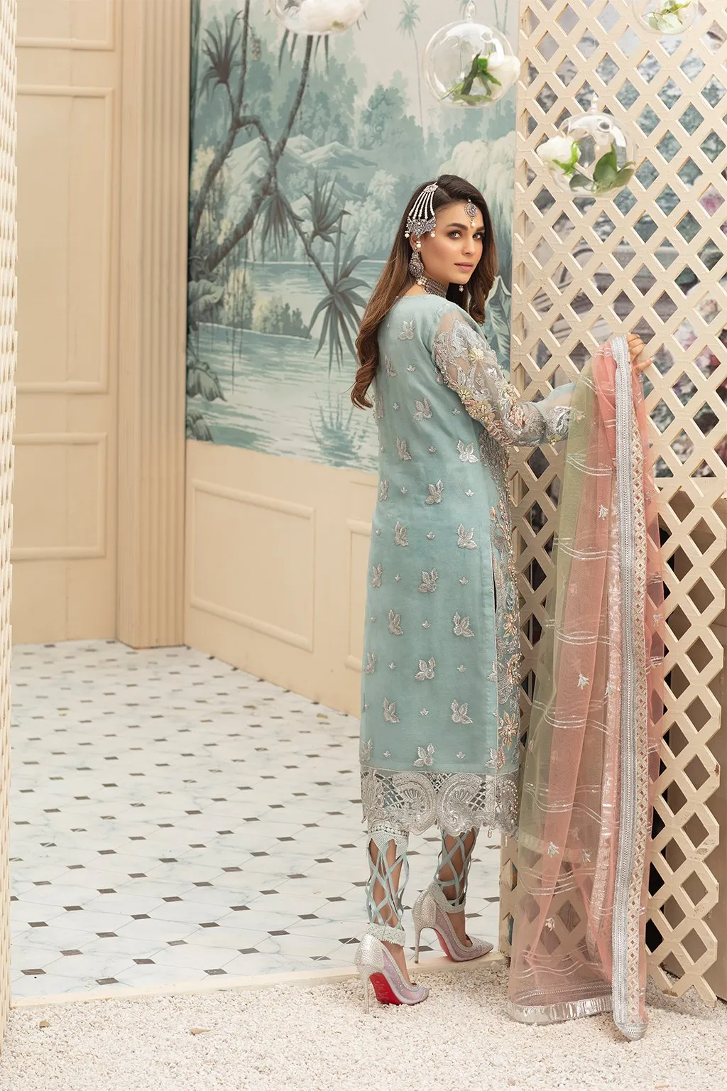 Latest Pakistani Organza Party Dress Turquoise Color # CA105