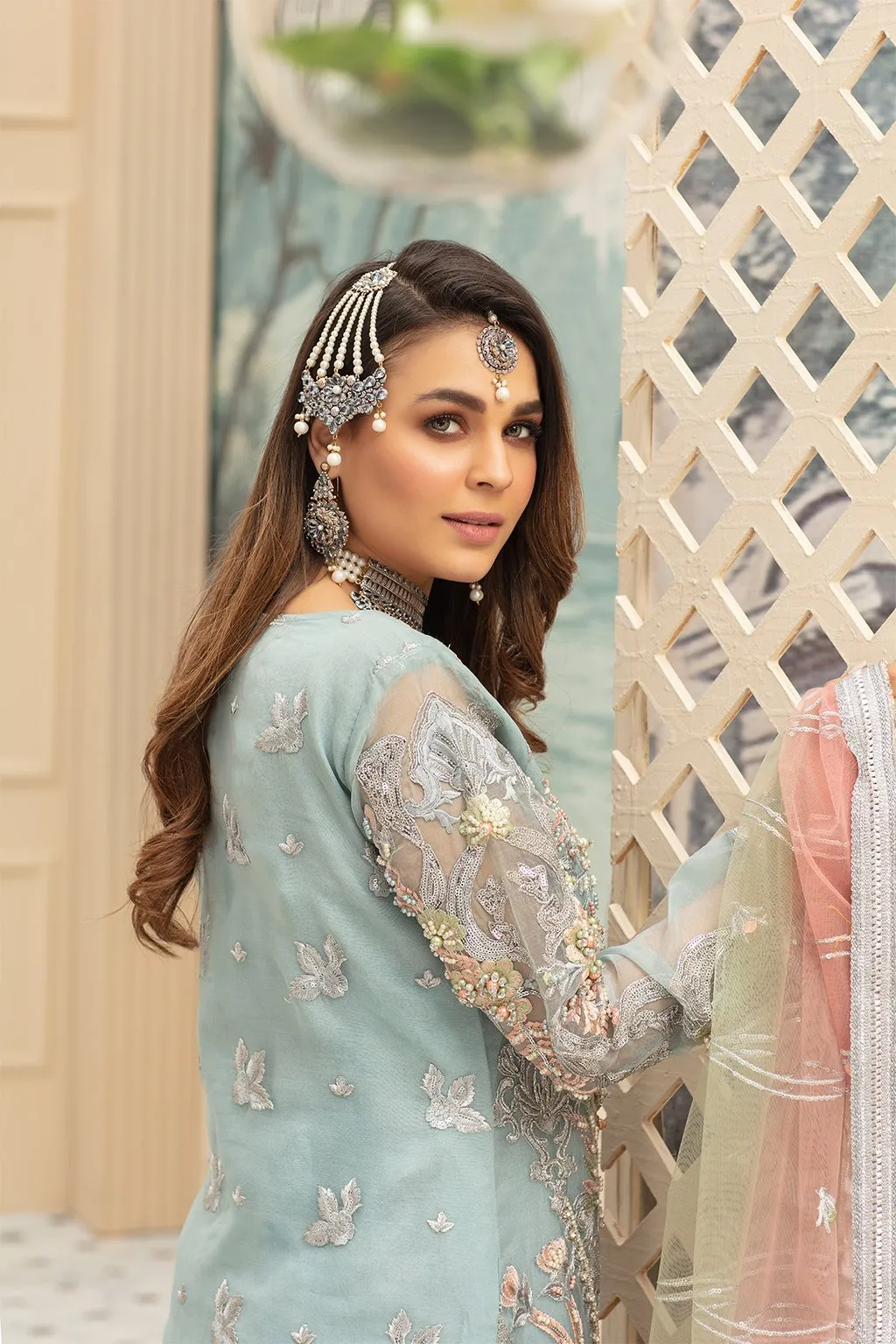 Latest Pakistani Organza Party Dress Turquoise Color # CA105