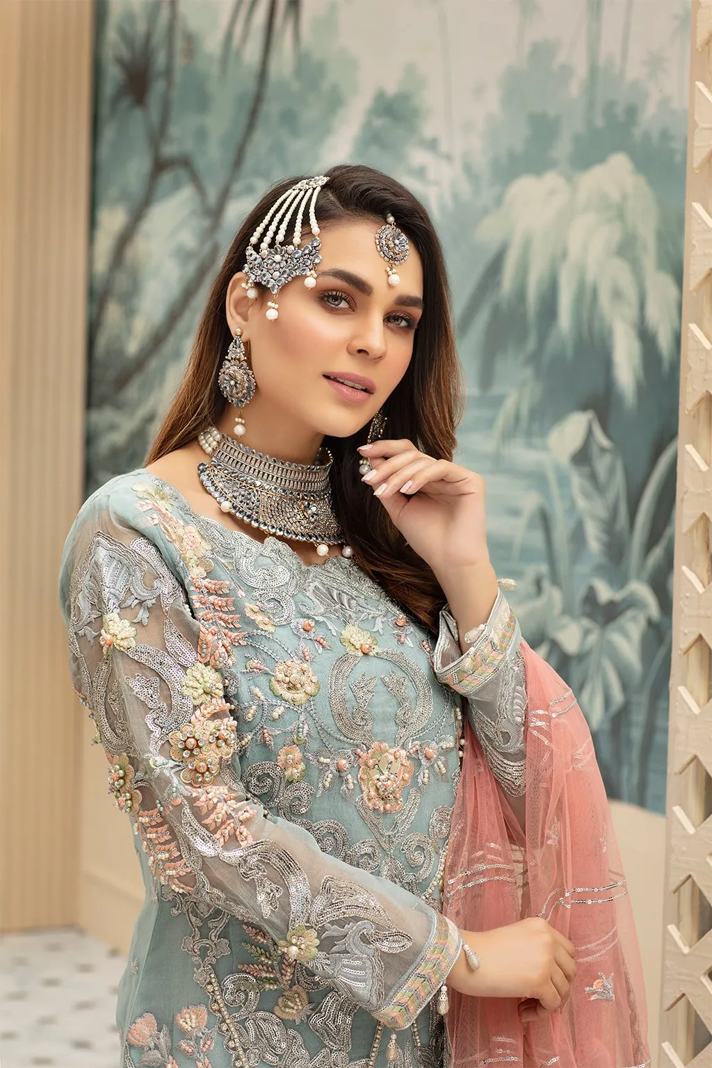 Latest Pakistani Organza Party Dress Turquoise Color # CA105