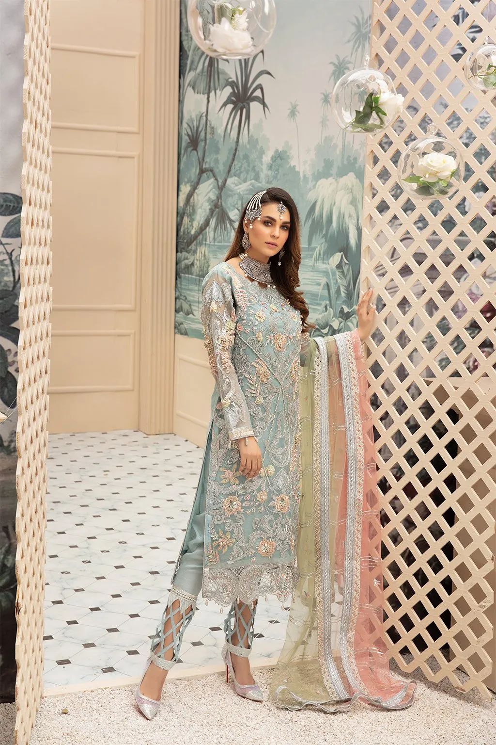 Latest Pakistani Organza Party Dress Turquoise Color # CA105