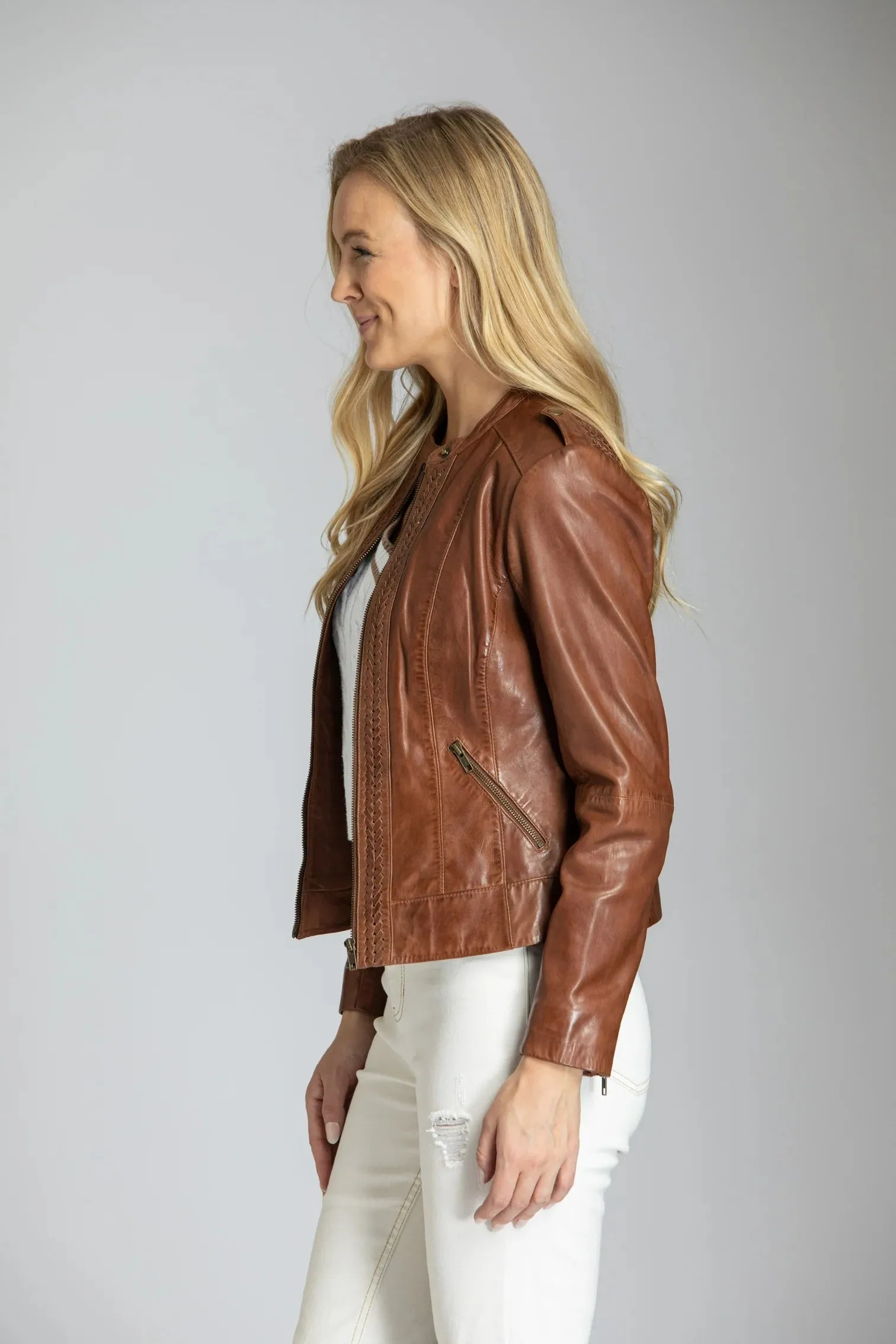 Leather Zip Jacket with Braided Detail