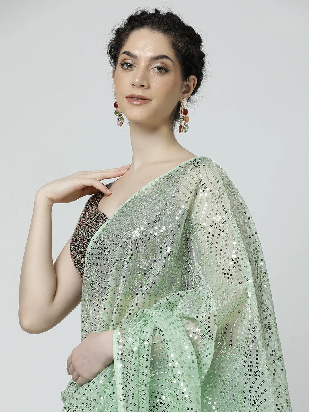 Light Green Sequin Embellished Georgette Saree