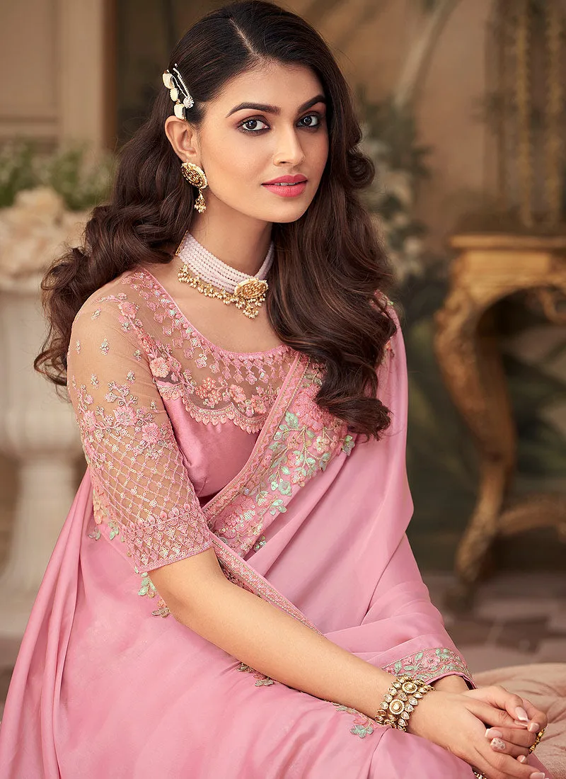 Light Pink Embroidered Party Wear Silk Saree