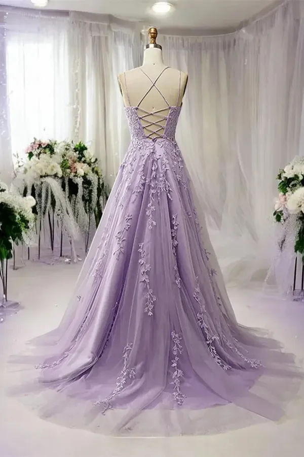 Light Purple Tulle with Lace Straps Long Party Dress, Purple Long Prom Dress APP1050