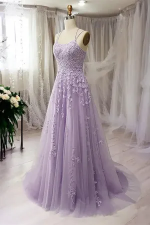 Light Purple Tulle with Lace Straps Long Party Dress, Purple Long Prom Dress APP1050