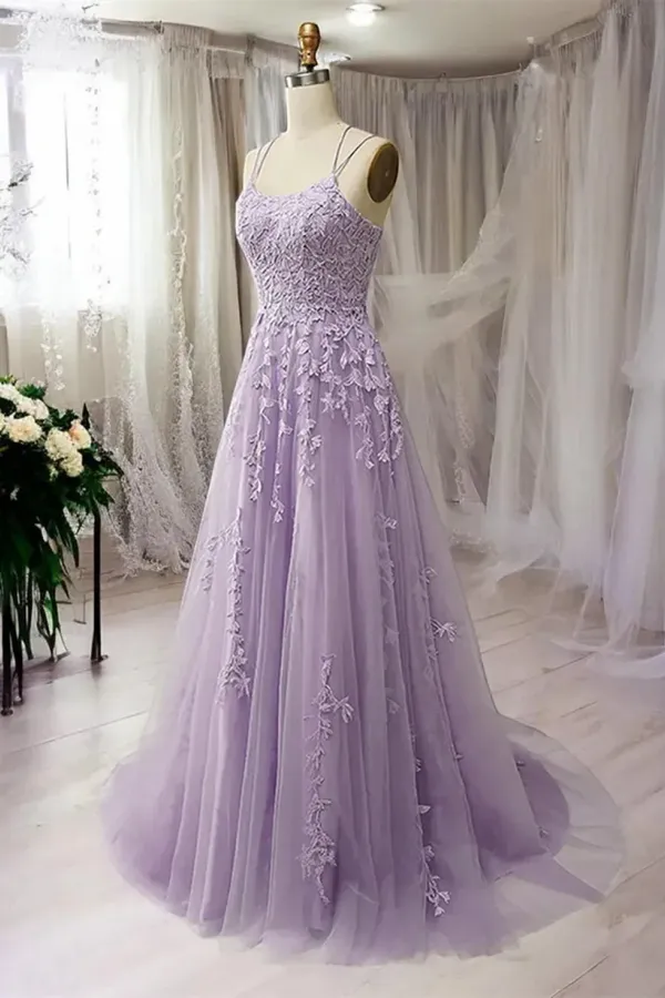 Light Purple Tulle with Lace Straps Long Party Dress, Purple Long Prom Dress APP1050
