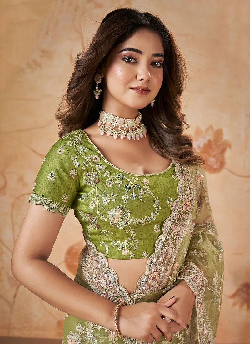 Lime Green Traditional Embroidered Party Wear Saree