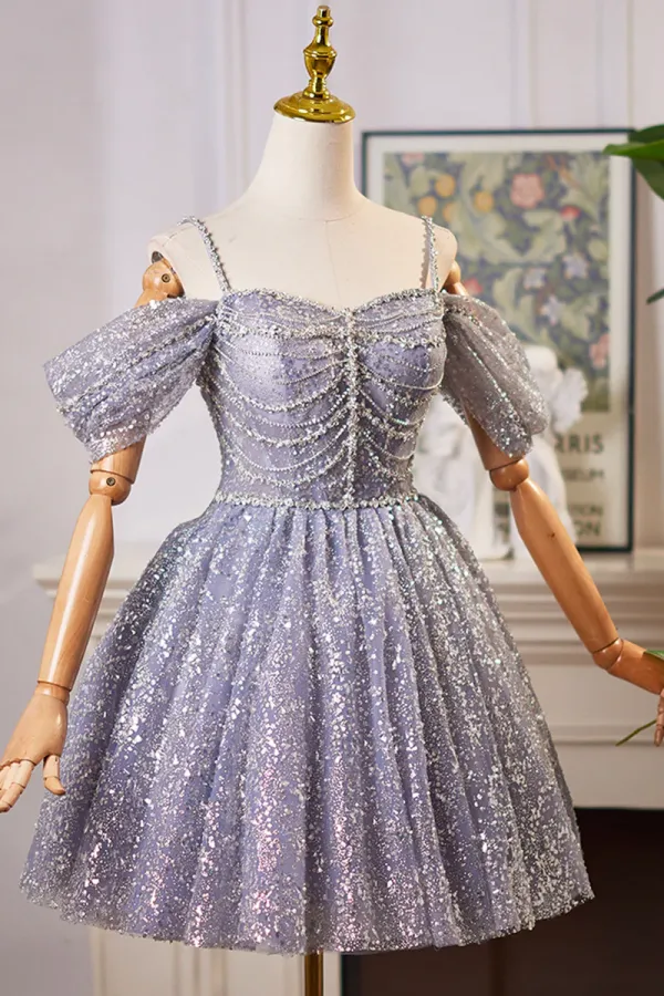 Lovely A Line Tulle Sequins Knee Length Prom Dress, Off the Shoulder Evening Party Dress APP1078