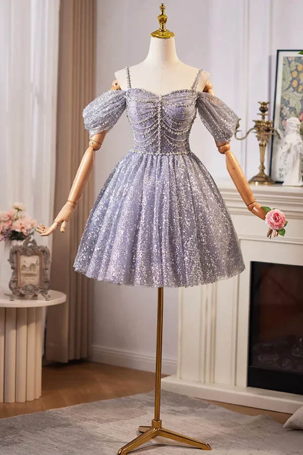 Lovely A Line Tulle Sequins Knee Length Prom Dress, Off the Shoulder Evening Party Dress APP1078