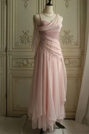 Lovely Pink Long Chiffon Sweetheart Party Dress, Pink Pearls Prom Dress APP1088