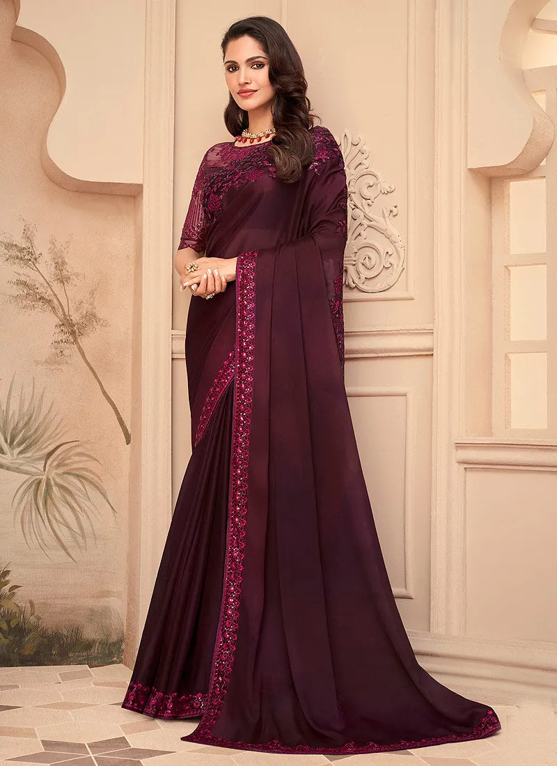 Magenta Embroidered Party Wear Silk Saree