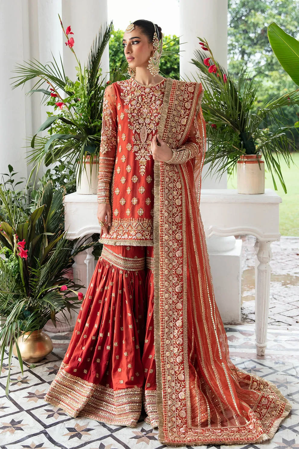 Maroon Heavily Embellished Pakistani Party Dress Sharara Kameez