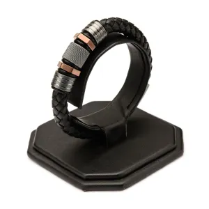 Mens Black Braided Leather Rose Gold IP & Steel Beads Bracelet