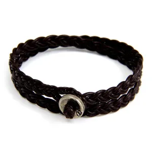 Mens Brown Braided Leather Wrap Bracelet with Silver Button Closure