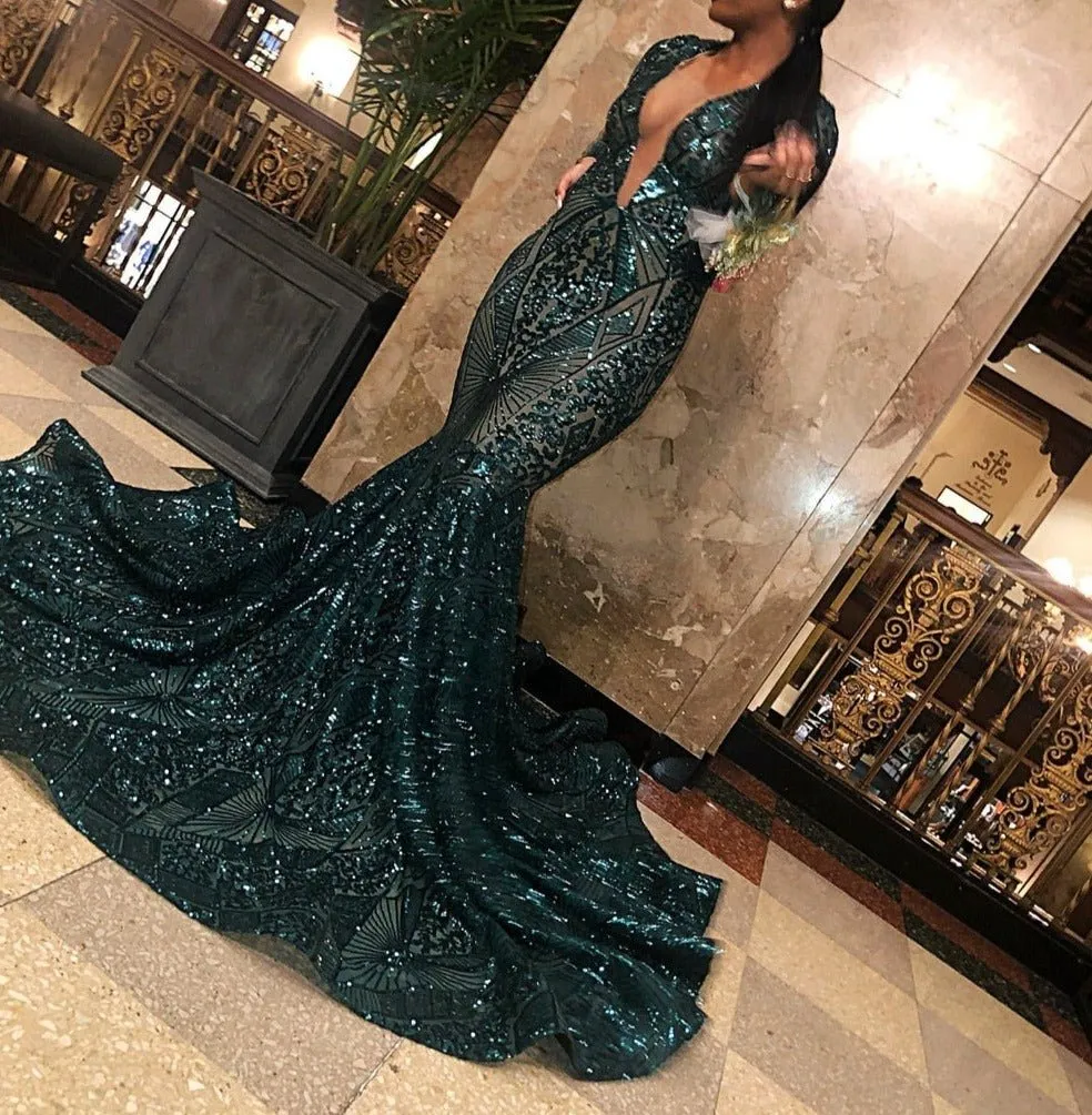 Mermaid Sheer Sparkly Emerald Green Sequined Girls Party Gowns