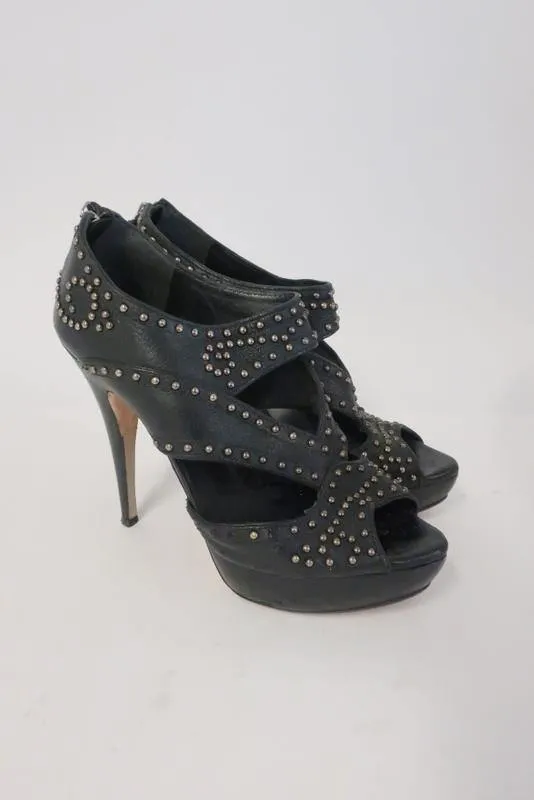Miu Miu Booties Black Studded Cutout Leather Size 39.5 Peep Toe Platform Heel