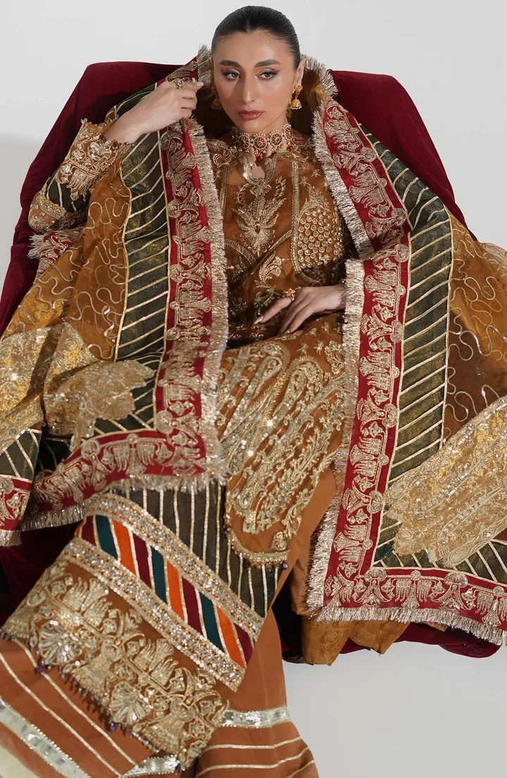 Multi Colored Embellished Brown Pakistani Kameez Sharara Dress