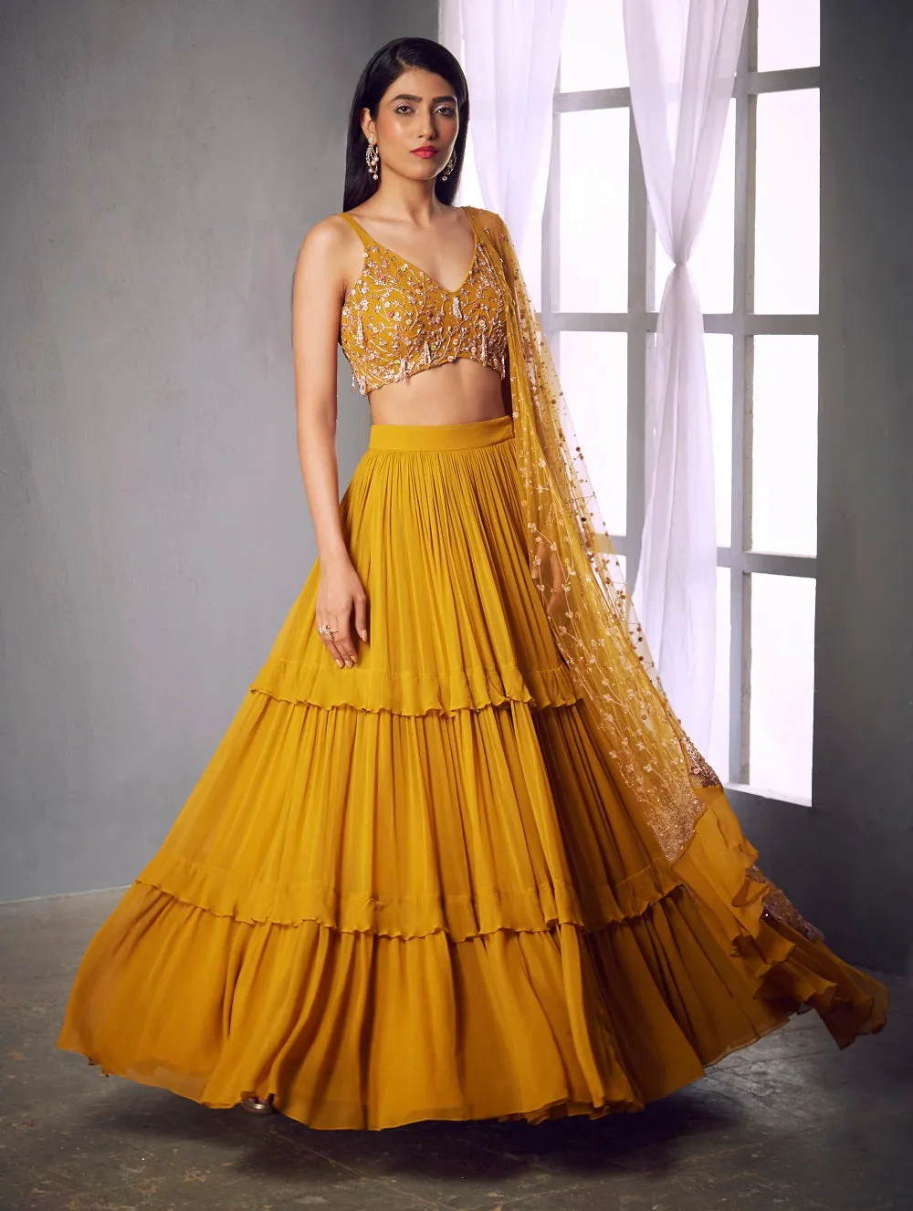 Mustard embroidered blouse and lehenga set