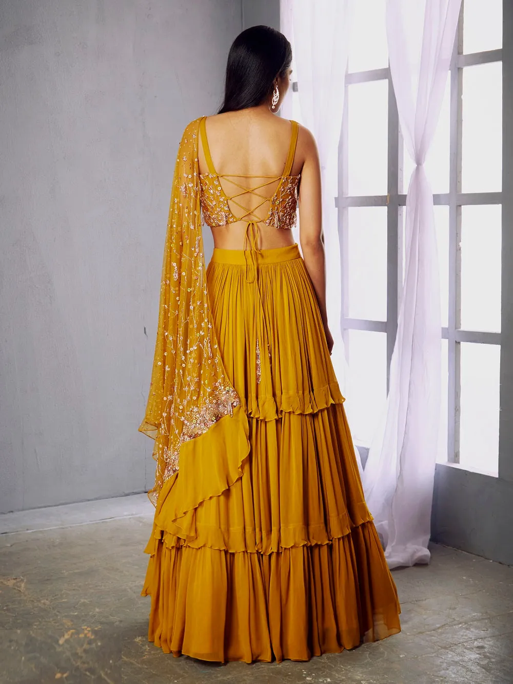 Mustard embroidered blouse and lehenga set