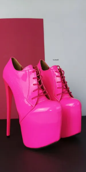 Neon Pink Lac Oxford Ankle High Heels
