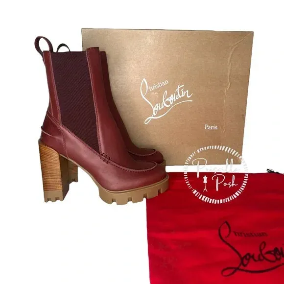 NWB Christian Louboutin Glory Leather Red Sole Chelsea Booties Chestnut Brown 38
