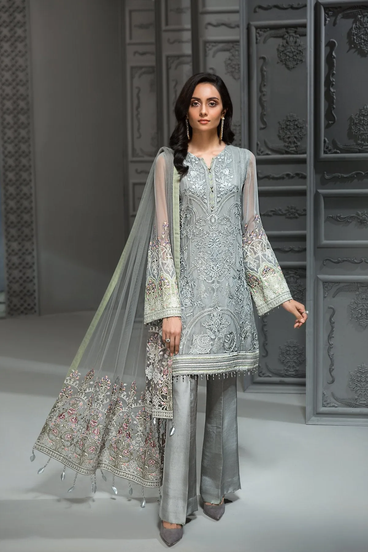 Pakistani Chiffon Party Wear in Grey Color #J4345