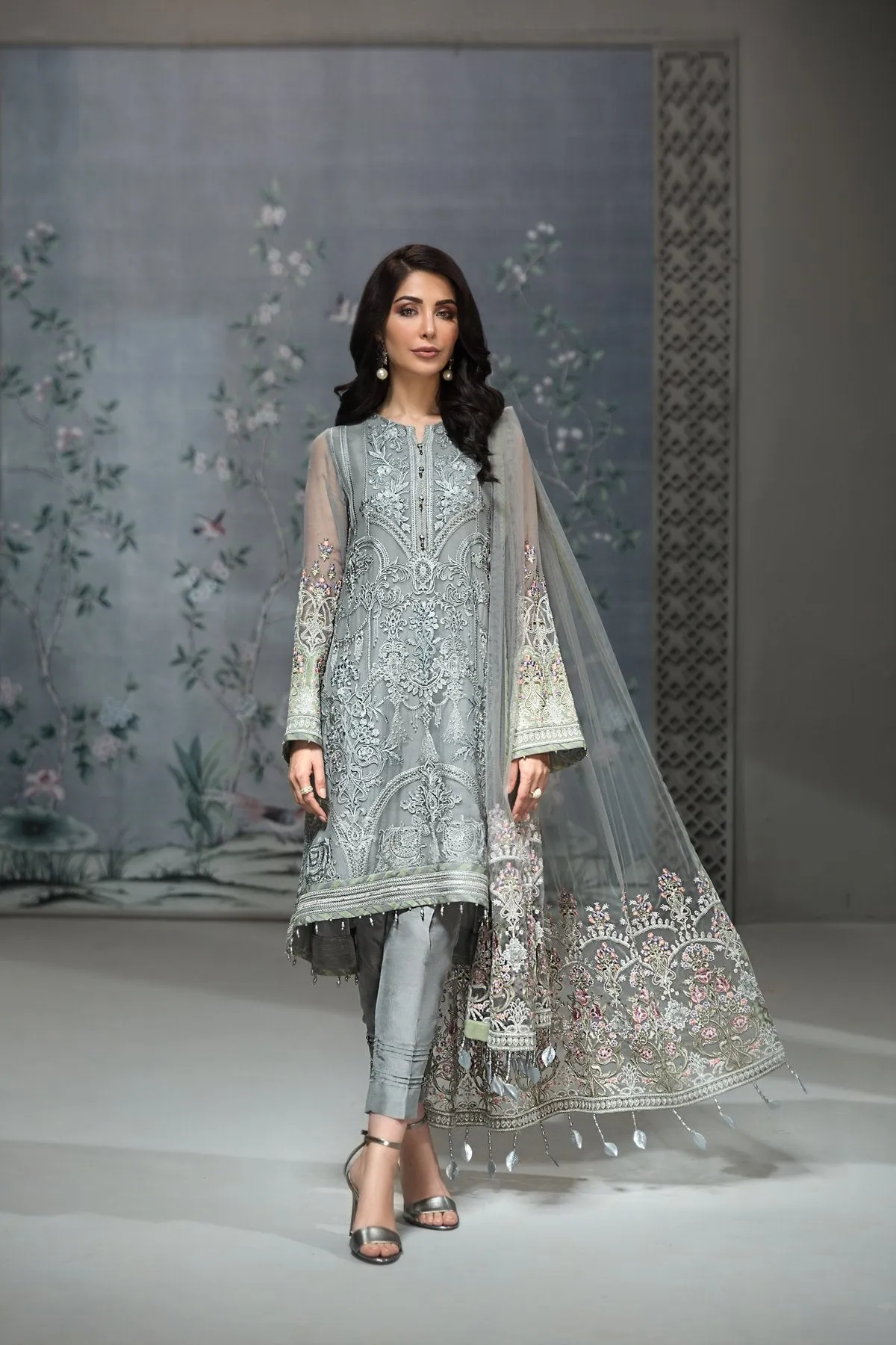 Pakistani Chiffon Party Wear in Grey Color #J4345