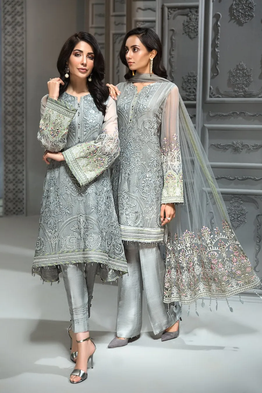 Pakistani Chiffon Party Wear in Grey Color #J4345