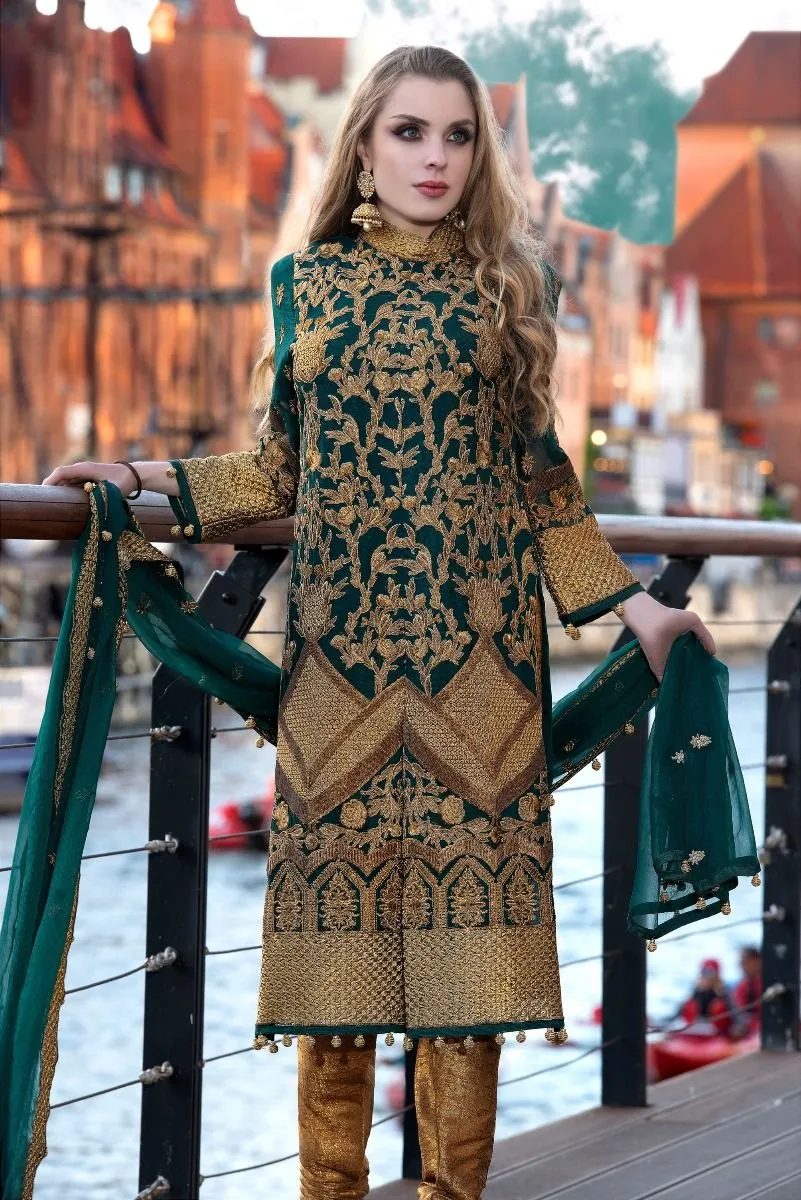 Pakistani designer zardozi embroidered dress in green color # P2309
