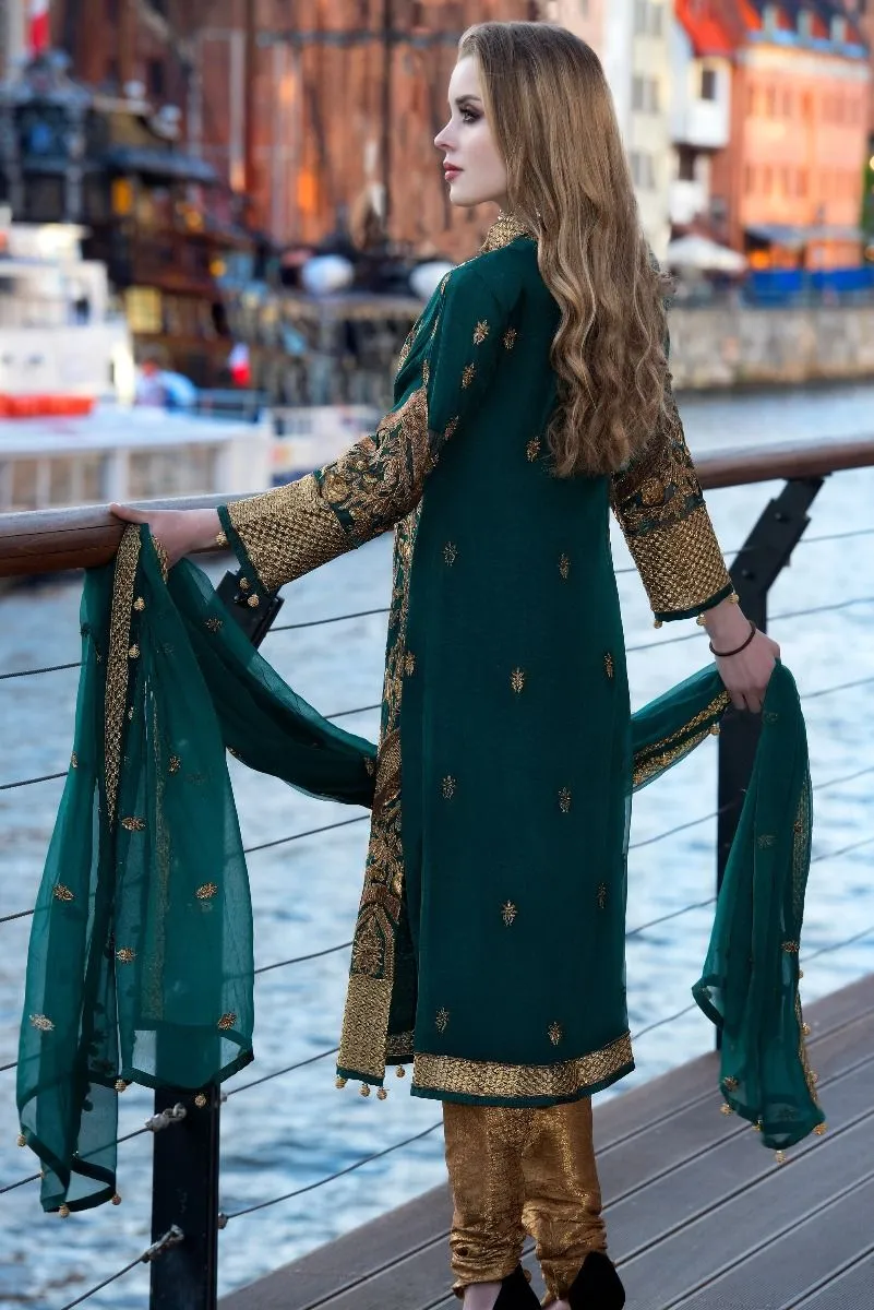 Pakistani designer zardozi embroidered dress in green color # P2309