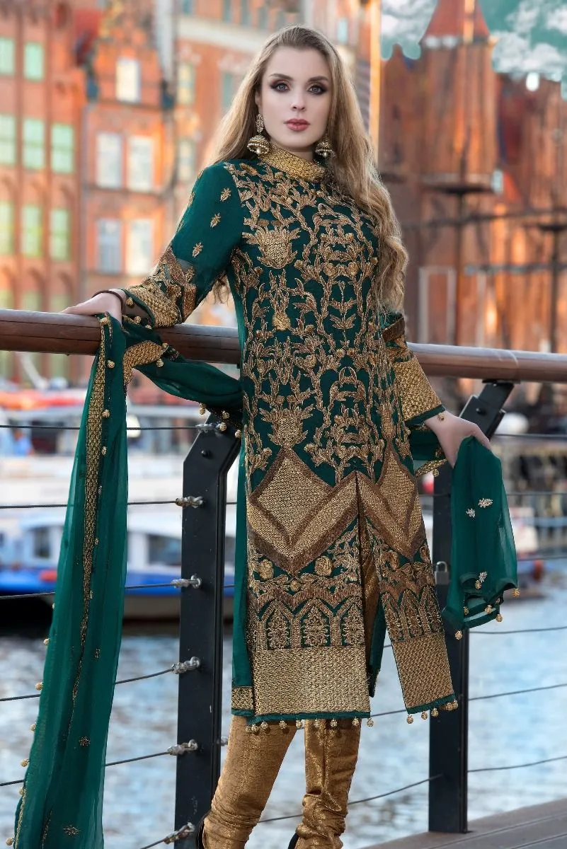 Pakistani designer zardozi embroidered dress in green color # P2309