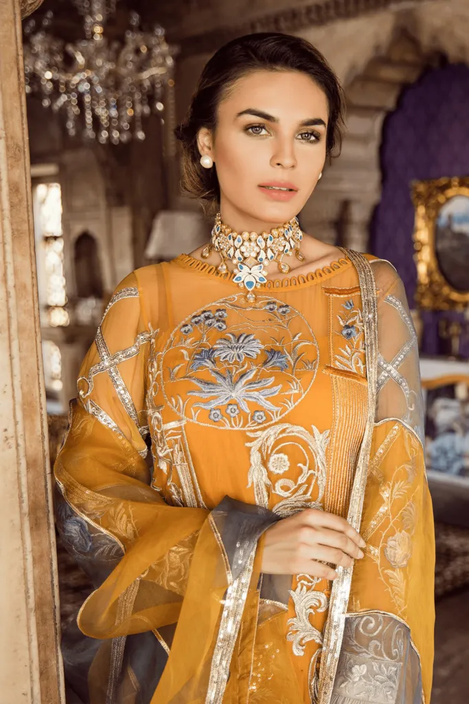 Party dress Pakistani in mustard color # P2207