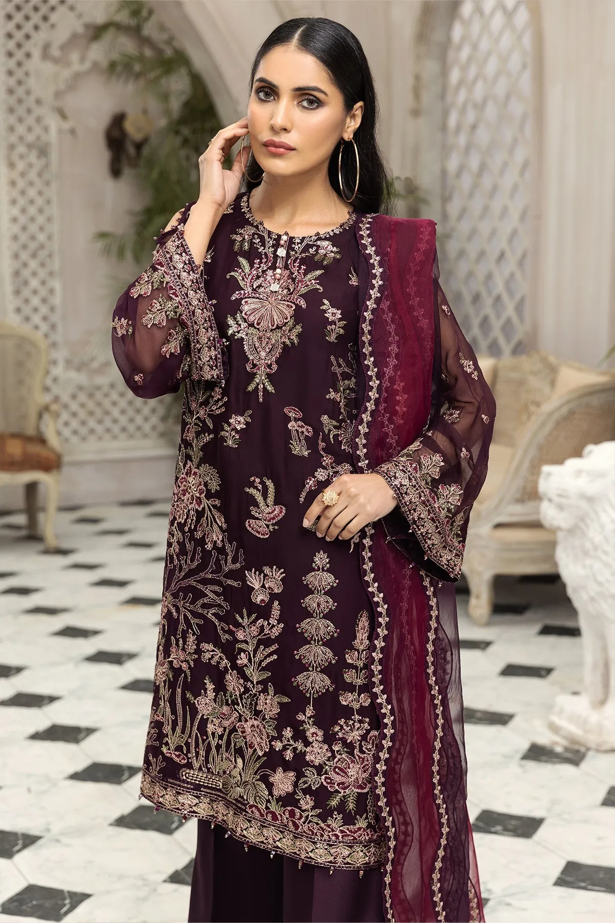 Party Wear Pakistani Chiffon Dress in Plum Shade #PF465