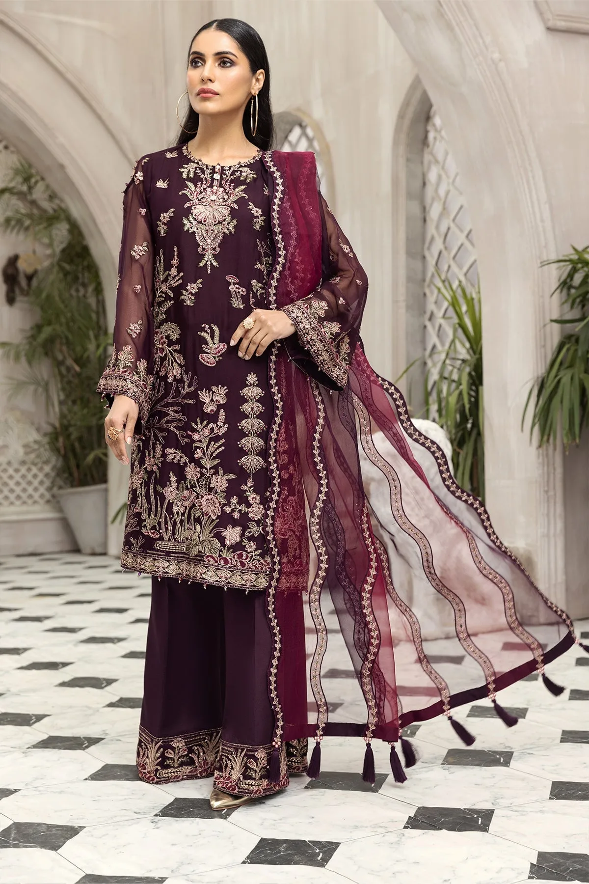 Party Wear Pakistani Chiffon Dress in Plum Shade #PF465