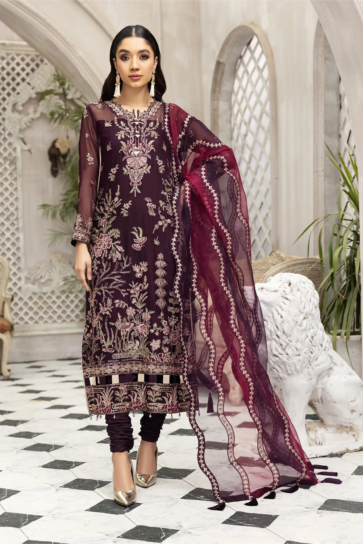 Party Wear Pakistani Chiffon Dress in Plum Shade #PF465