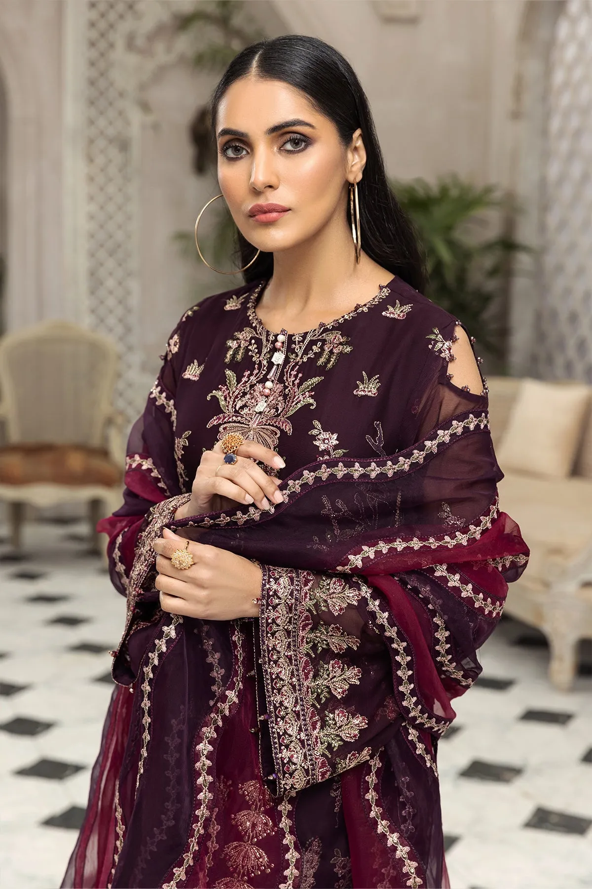 Party Wear Pakistani Chiffon Dress in Plum Shade #PF465