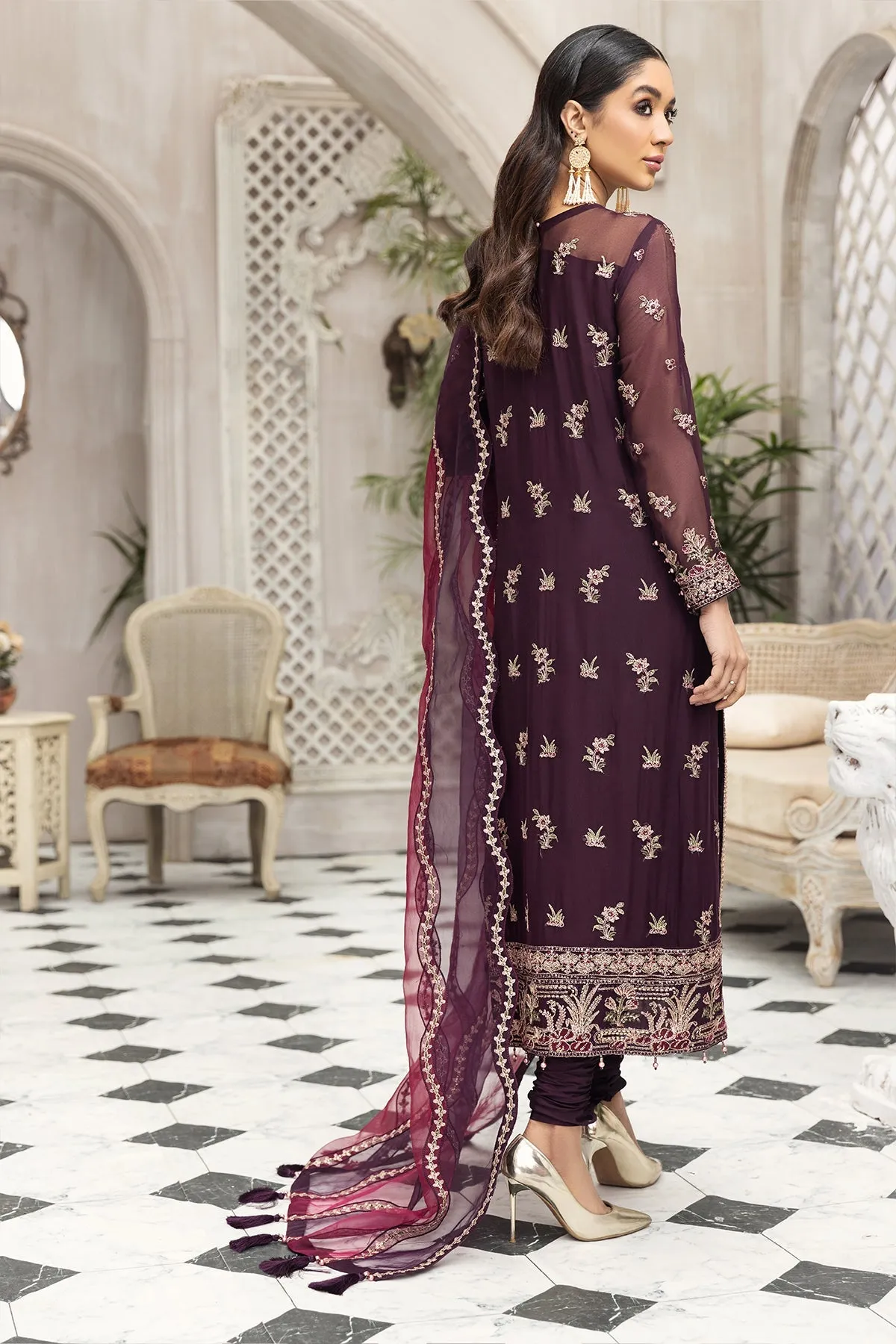 Party Wear Pakistani Chiffon Dress in Plum Shade #PF465