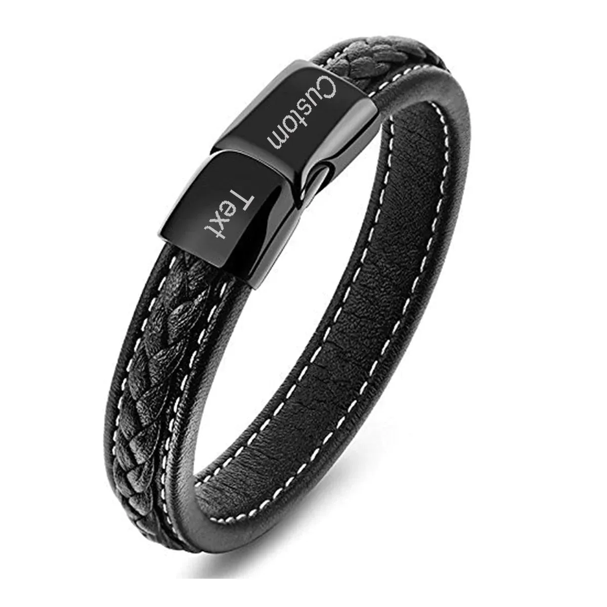 Personalized Engraved Braided Black Leather Multi-Strand Wristband Bracelet for Men