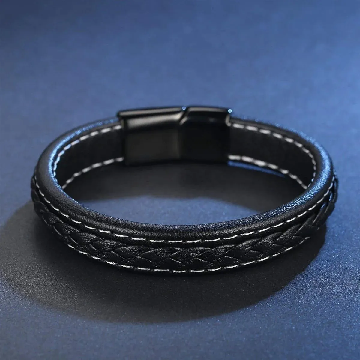 Personalized Engraved Braided Black Leather Multi-Strand Wristband Bracelet for Men