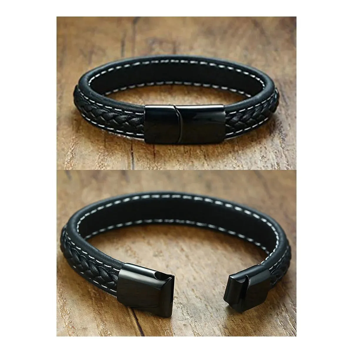 Personalized Engraved Braided Black Leather Multi-Strand Wristband Bracelet for Men